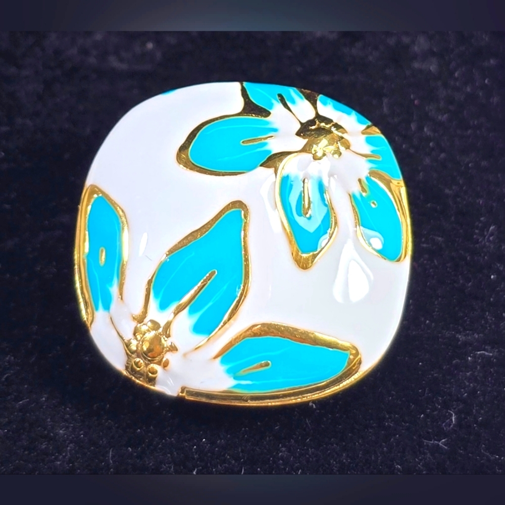 Floral Gold, Blue and White Enamel Ring